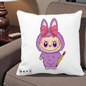 Perna Personalizata Labubu Mov cu Funda Rosie si Creion, 40x40 cm, Alba Mata, Husa Detasabila, Perna Inclusa, BEKZ®
