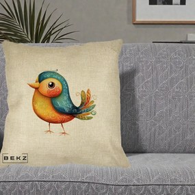 Perna Decorativa Pasare Folk Art Portocalie-Teal, 40x40 cm, Crem, Husa Detasabila, Perna Inclusa, BEKZ®