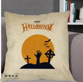 Perna Decorativa Happy Halloween Cimitir cu Luna, 40x40 cm, Crem, Husa Detasabila, Perna Inclusa, BEKZ®