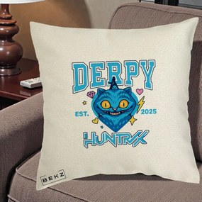 Perna Personalizata K-pop HUNTRX Derpy Pisica Albastra, 40x40 cm, Ecru, Husa Detasabila, Perna Inclusa, BEKZ®