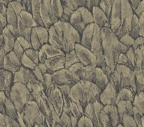 Tapet Tranquil, Jet Black and Gold Foil Luxury Feather, 1838 Wallcoverings, 5.3mp / rola