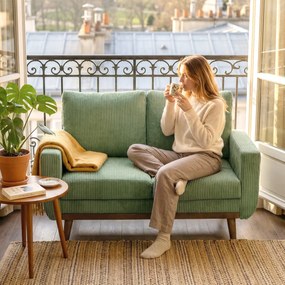 HOMCOM Canapea 2 locuri, 134 cm, catifea côtelată cu arcuri în buzunar, spătar gros, accent cu șipci din lemn, Grün | Aosom Romania