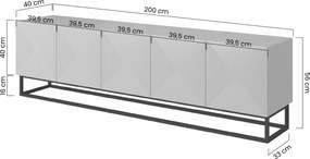 Comodă TV cu fronturi striate Asha 200 cm cu cadru metalic - negru mat