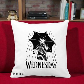 Perna Personalizata Wednesday cu Umbrela Ploaie Lineart, 40x40 cm, Alba Mata, Husa Detasabila, Perna Inclusa, BEKZ®