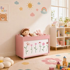 AIYAPLAY Cufăr pentru jucării copii 3-8 ani cu roți, 34,5 L, 15 kg, 50 x 30 x 33,5 cm, pentru dormitor, roz | Aosom Romania