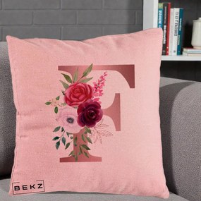 Cadou Personalizat - Perna Personalizata Monograma Rose Gold Litera F, 40x40 cm, Roz, Husa Detasabila, Perna Inclusa, BEKZ®