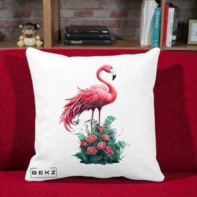 Perna Decorativa Flamingo cu Trandafiri Tropicali, 40x40 cm, Alba Mata, Husa Detasabila, Perna Inclusa, BEKZ®
