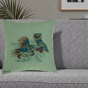 Perna Decorativa Bufnite de Iarna Albastre, 40x40 cm, Verde, Husa Detasabila, Perna Inclusa, BEKZ®