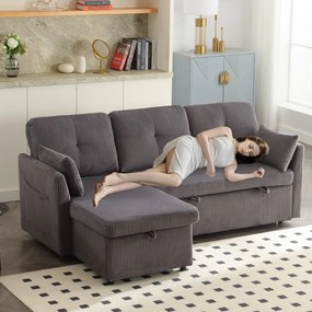 Canapea modulară în formă de L din catifea, canapea extensibilă rabatabilă convertibilă, cu spații de depozitare în scaune, Gri Închis