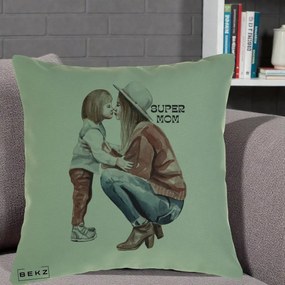 Cadou pentru Mama - Perna Personalizata Super Mom Acuarela, 40x40 cm, Verde, Husa Detasabila, Perna Inclusa, BEKZ®