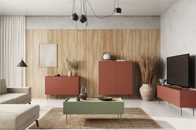 Comodă înaltă Desin 120 cm cu două uși și sertare ascunse - ceramic red / stejar nagano