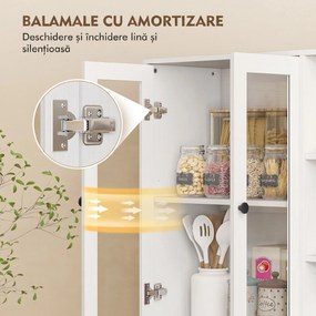 HOMCOM Bufet Bucătărie Înalt, Dulap Dispensa cu 4 Uși din Sticlă Soft-Close, 6 Rafturi Deschise, Rafturi Reglabile, Alb | Aosom Romania