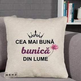 Cadou pentru Bunica - Perna Personalizata Cea Mai Buna Bunica Din Lume Coroana Mov Floare Roz, 40x40 cm, Bej Canapea, Husa Detasabila, Perna Inclusa, BEKZ®