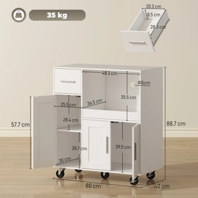 HOMCOM Dulap pentru cuptorul cu microunde din lemn, cu sertar, 2 dulapuri, raft deschis și blat ajustabil, 80x40x88.7 cm, alb | Aosom Romania
