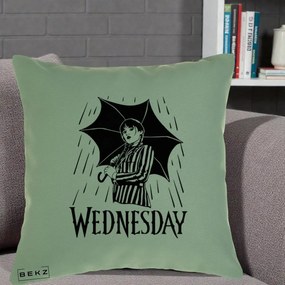 Perna Personalizata Wednesday cu Umbrela Ploaie Lineart, 40x40 cm, Verde, Husa Detasabila, Perna Inclusa, BEKZ®