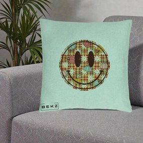 Perna Decorativa Smiley Face de Toamna cu Tartan si Dovlecei, 40x40 cm, Verde Menta, Husa Detasabila, Perna Inclusa, BEKZ®