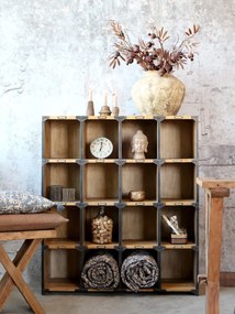 Etajeră cu 15 compartimente, din lemn de pin și metal, aspect vintage, H116 x L100 x A30 cm