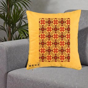 Perna Personalizata Motiv Traditional Ie Romaneasca Rosu, 40x40 cm, Galben, Husa Detasabila, Perna Inclusa, BEKZ®