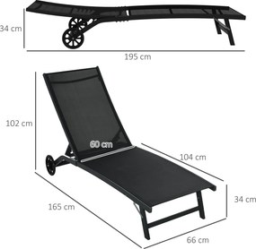 Outsunny Set de 2 șezlonguri din aluminiu și textilenă cu roți, spătar înclinabil, greutate max. 150 kg, negru | Aosom Romania