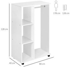 HOMCOM Suport pentru Haine de Podea, Suport cu Roți, Dulap cu 3 Rafturi și Suport pentru Haine, 80x40x128 cm, Alb | Aosom Romania