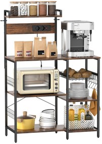 HOMCOM Raft pentru bucătărie, raft independent cu 2 prize, 5 cârlige S, 5 polițe, coș, bare în X, oțel 90 x 42 x 130 cm | Aosom Romania