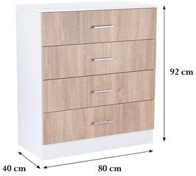 Comodă Miami cu 4 sertare 80x92 cm stejar sonoma-alb