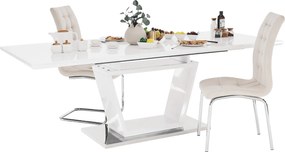Masă dining, pliabilă, alb luciu extra ridicat / oţel, 160-220x90 cm, PERAK