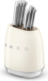 Set de cutite cu suport SMEG KBSF02CR, 7 piese, Manere din lemn de salcam, Otel inoxidabil german, Crem