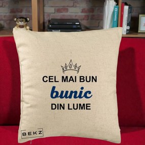 Cadou pentru Bunic - Perna Personalizata Cel Mai Bun Bunic Din Lume Coroana Albastra, 40x40 cm, Bej, Husa Detasabila, Perna Inclusa, BEKZ®