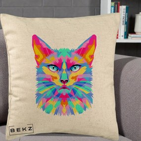 Perna Decorativa Pisica Pop Art Multicolor, 40x40 cm, Bej, Husa Detasabila, Perna Inclusa, BEKZ®