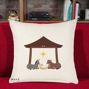 Perna Decorativa Ieslea din Betleem cu Iesle Asin si Bou, 40x40 cm, Crem Reliefat, Husa Detasabila, Perna Inclusa, BEKZ®