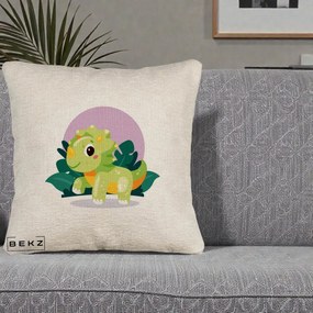 Perna Decorativa Triceratops Kawaii Verde, 40x40 cm, Bej Canapea, Husa Detasabila, Perna Inclusa, BEKZ®