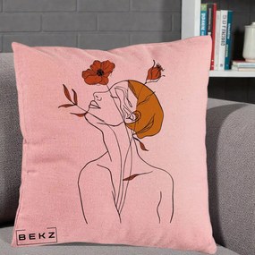 Perna Decorativa Portret Feminin Mac Privire Inalta, 40x40 cm, Roz, Husa Detasabila, Perna Inclusa, BEKZ®