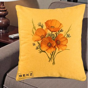 Perna Decorativa Maci Portocalii cu Floricele Albastre, 40x40 cm, Galben, Husa Detasabila, Perna Inclusa, BEKZ®