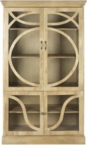 Vitrină din lemn masiv de mango, natur, cu 4 uși vitrate, 4 rafturi și decor geometric din lemn, 205 x 120 x 50 cm, „Richmond”