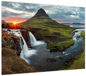 Tablou pe sticlă - Kirkjufell la apus (70x50 cm)