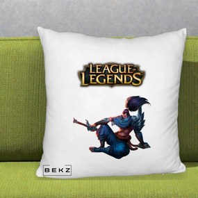 Perna Personalizata League of Legends Yasuo, 40x40 cm, Alb Pufos, Husa Detasabila, Perna Inclusa, BEKZ®