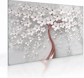 Tablou pe sticlă - Imaginea copacului alb cu flori albe, rosegold (70x50 cm)