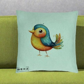 Perna Decorativa Pasare Folk Art Portocalie-Teal, 40x40 cm, Verde Menta, Husa Detasabila, Perna Inclusa, BEKZ®
