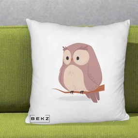Perna Decorativa Bufnita Kawaii pe Creanga, 40x40 cm, Alb Pufos, Husa Detasabila, Perna Inclusa, BEKZ®