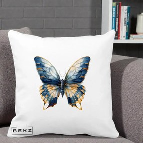 Perna Decorativa Fluture Albastru Auriu Elegant, 40x40 cm, Alba Mata, Husa Detasabila, Perna Inclusa, BEKZ®