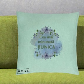 Cadou pentru Bunica - Perna Personalizata Cea Mai Minunata Bunica Flori Mov Acuarela Verde, 40x40 cm, Verde Menta, Husa Detasabila, Perna Inclusa, BEKZ®