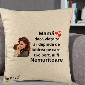 Cadou pentru Mama - Perna Personalizata Mama Nemuritoare cu Bebelus Lineart, 40x40 cm, Bej, Husa Detasabila, Perna Inclusa, BEKZ®
