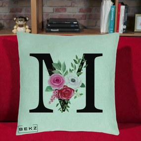 Cadou Personalizat - Perna Personalizata Monograma Florala Litera M cu Trandafiri si Anemona, 40x40 cm, Verde Menta, Husa Detasabila, Perna Inclusa, BEKZ®