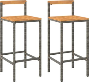 vidaXL Scaune de bar, 2 buc, gri, poliratan și lemn masiv de acacia