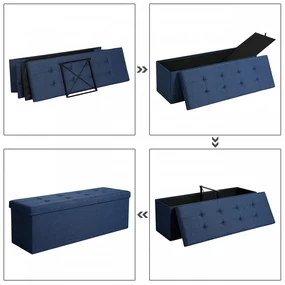 Bancheta cu spatiu depozitare, textil / MDF, albastru marin, Songmics