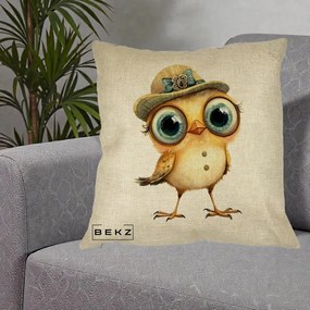 Perna Decorativa Pui Elegant cu Palarie Teal, 40x40 cm, Crem, Husa Detasabila, Perna Inclusa, BEKZ®