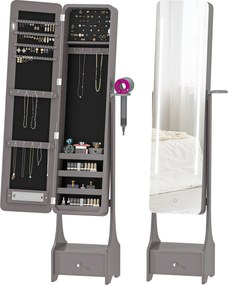 HOMCOM Oglindă-dulap pentru bijuterii cu lumini LED Dulap bijuterii cu oglindă full-length reglabilă pe unghi Sertar Oprire automată a luminilor Gri | Aosom Romania