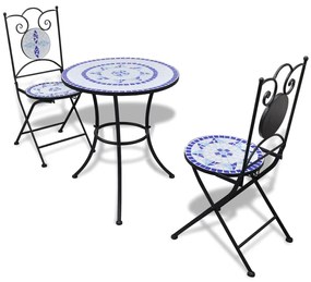 Set mobilier bistro, 3 piese, albastru alb, placi ceramice Albastru si alb, Rotund, 3
