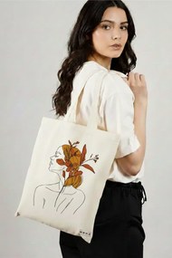 Sacosa de Panza pentru Cumparaturi, Geanta Tote, Flower Lady 17, 38x34.5 cm, Alba, BEKZ®